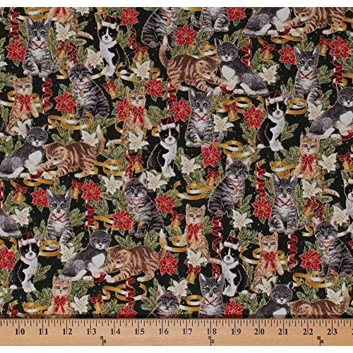 Cotton Christmas Cats Kittens Holiday Ribbons Bells Flowers Poinse...
