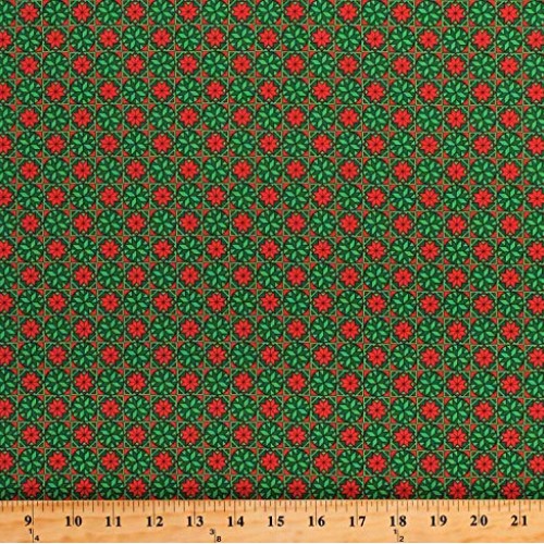 Cotton Christmas Green Red Snowflake Tiles Poinsettias Home for Th...