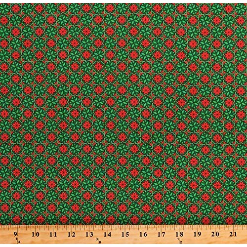 Cotton Christmas Green Red Snowflake Tiles Poinsettias Home for Th...