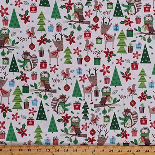Cotton Christmas Woodland Friends Animals on Cream Festive Foxes O...