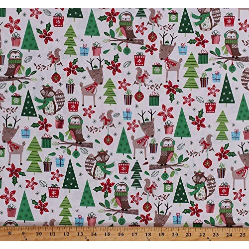 Cotton Christmas Woodland Friends Animals on Cream Festive Foxes O...