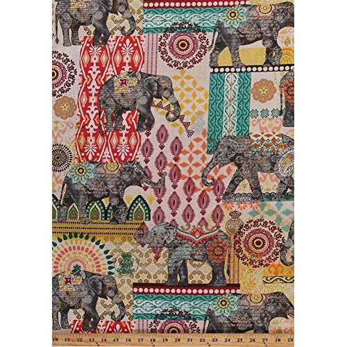 Cotton Elephants Pachyderm Floral Middle Eastern Asian Orient Anim...