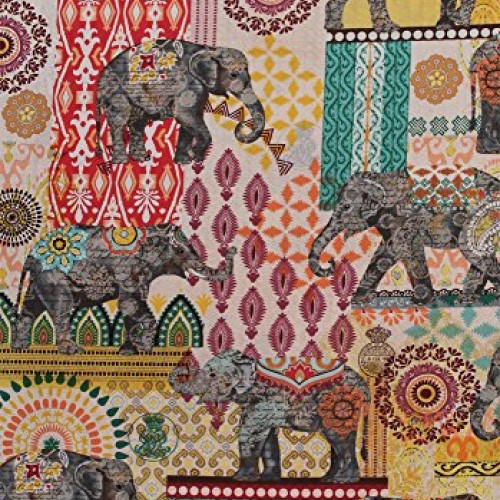 Cotton Elephants Pachyderm Floral Middle Eastern Asian Orient Anim...
