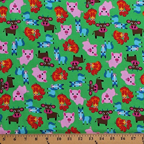 Cotton Farm Animals Cows Pigs Horses Roosters Kids Barnyard Green ...