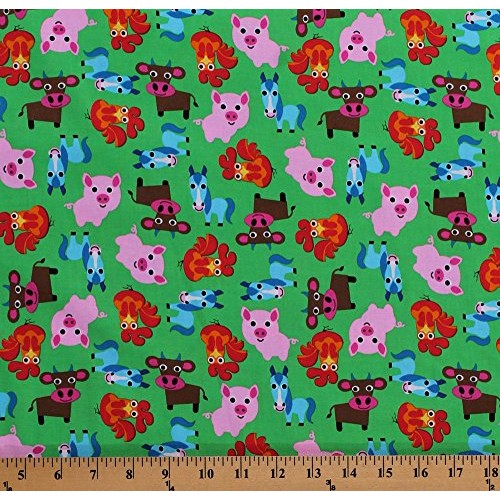 Cotton Farm Animals Cows Pigs Horses Roosters Kids Barnyard Green ...