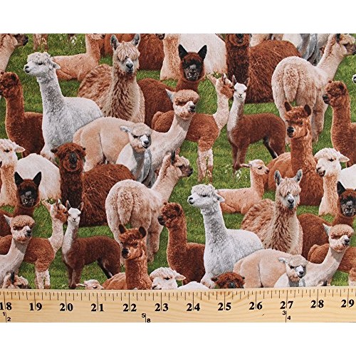 Cotton Farm Animals Llamas Alpacas South America Green Cotton Fabr...
