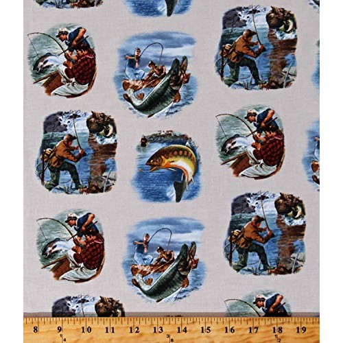 Cotton Fisherman Fishing Scenes on Cream Fish Bass Fishing Boats S...