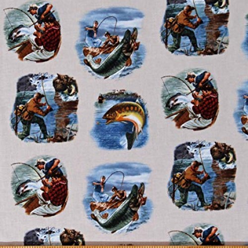 Cotton Fisherman Fishing Scenes on Cream Fish Bass Fishing Boats S...