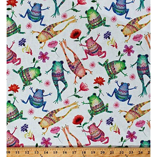Cotton Happy Frogs Flowers Whimsical Designs Amphibians Animals on...