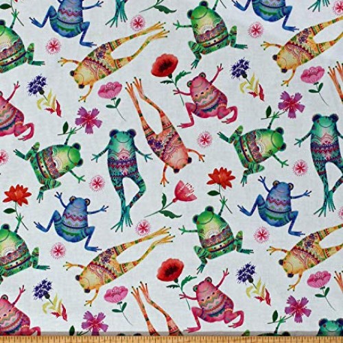 Cotton Happy Frogs Flowers Whimsical Designs Amphibians Animals on...