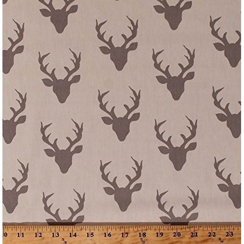 Cotton Hello Bear Buck Head Silhouettes Forest Silver Gray Deer He...