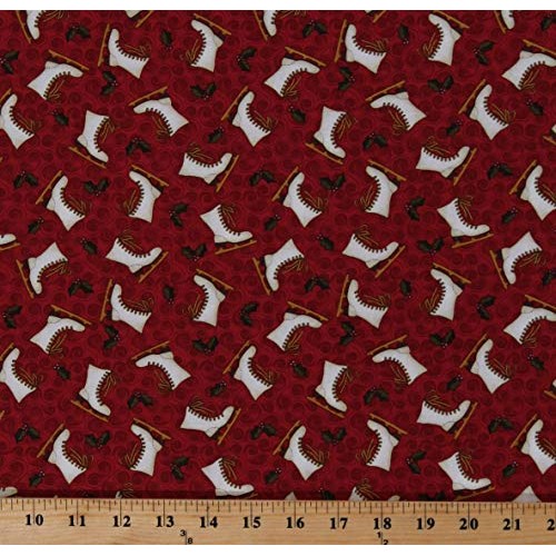 Cotton Ice Skates and Holly on Red Swirls Christmas Winter Holiday...