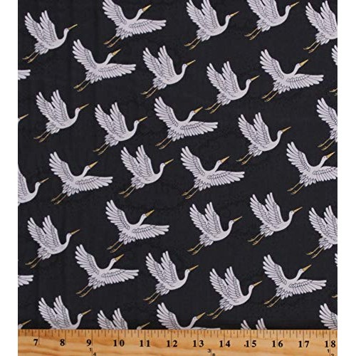 Cotton Japanese Cranes Gold Metallic Flying Birds Clouds Gray Kimo...