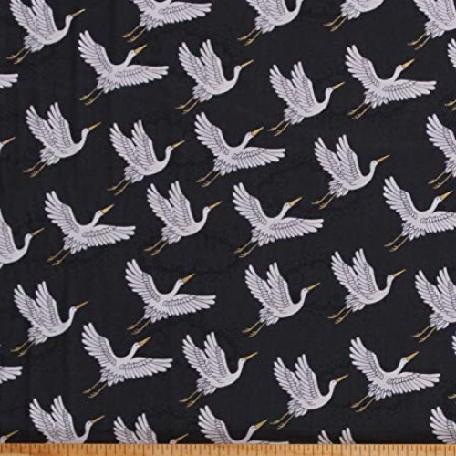 Cotton Japanese Cranes Gold Metallic Flying Birds Clouds Gray Kimo...