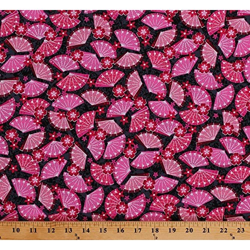 Cotton Japanese Fans Flowers Blossoms Asian Oriental Little Haraju...