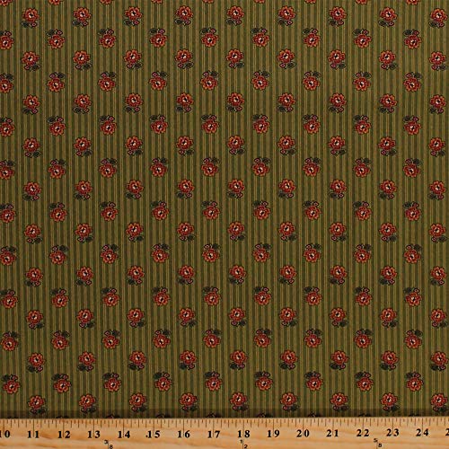 Cotton Jo Morton Amelia Flowers on Pinstripes Floral Green Civil W...