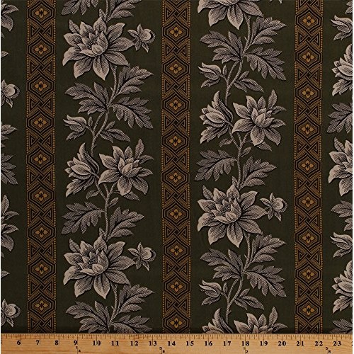 Cotton Jo Morton Charleston Floral Flowers Plants Wide Stripes Gre...