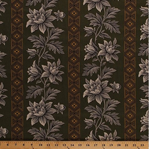 Cotton Jo Morton Charleston Floral Flowers Plants Wide Stripes Gre...