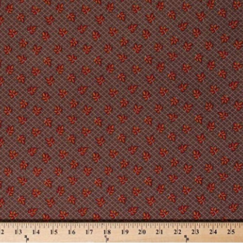 Cotton Jo Morton Hickory Road Leaf Leaves on Dark Brown Grid Civil...