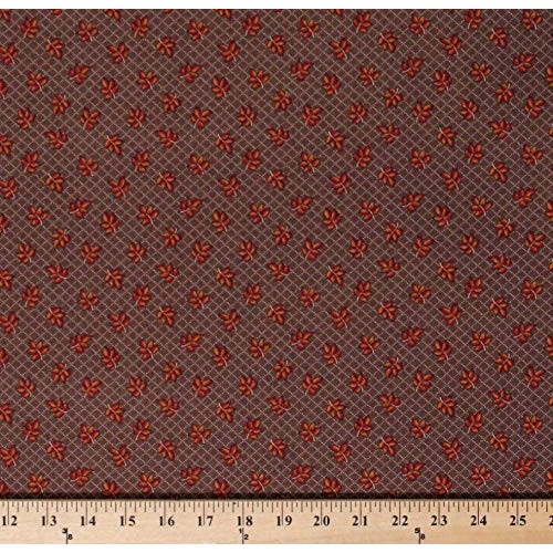 Cotton Jo Morton Hickory Road Leaf Leaves on Dark Brown Grid Civil...