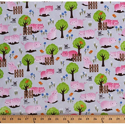 Cotton Pigs Cute Farm Animals Mice Birds Trees Piglets Flowers on ...