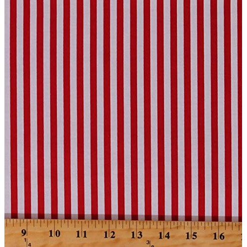 Cotton Red 1/4 Stripes Striped on White Cotton Fabric Print by Th...