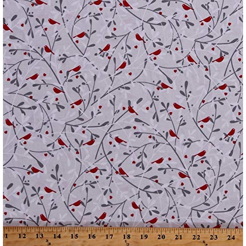 Cotton Red Birds and Berries Branches Hearts Winter Christmas Holi...