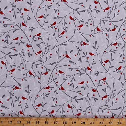 Cotton Red Birds and Berries Branches Hearts Winter Christmas Holi...