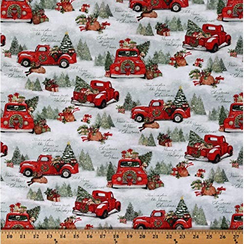Cotton Red Trucks Christmas Tree Farm Trees Presents Gifts Dogs Wi...