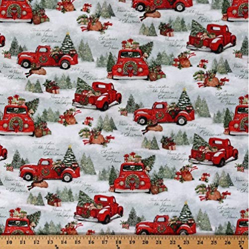 Cotton Red Trucks Christmas Tree Farm Trees Presents Gifts Dogs Wi...