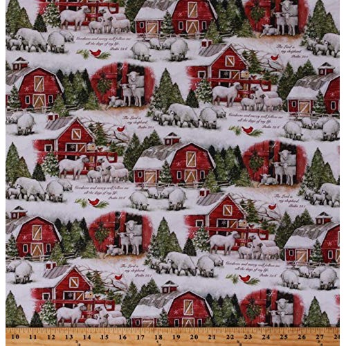 Cotton Sheep Lambs Winter Red Barns Farm Country Scene Psalm 23 Sc...