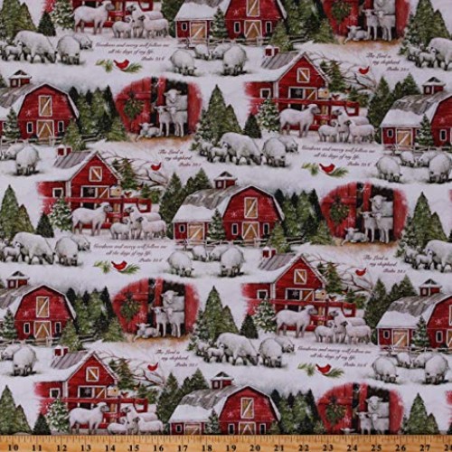 Cotton Sheep Lambs Winter Red Barns Farm Country Scene Psalm 23 Sc...