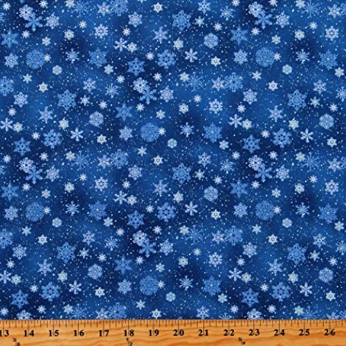 Cotton Snowflakes Snow on Royal Blue Landscape Medley Winter Holid...