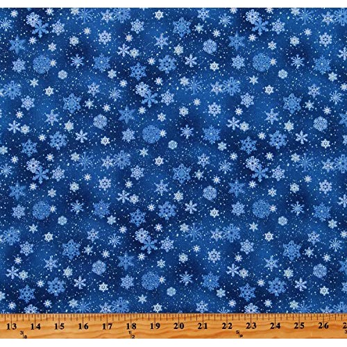 Cotton Snowflakes Snow on Royal Blue Landscape Medley Winter Holid...