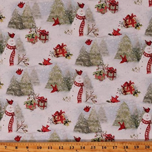 Cotton Snowy Cardinals Snowman Snowmen Birds Winter Pine Trees Hol...