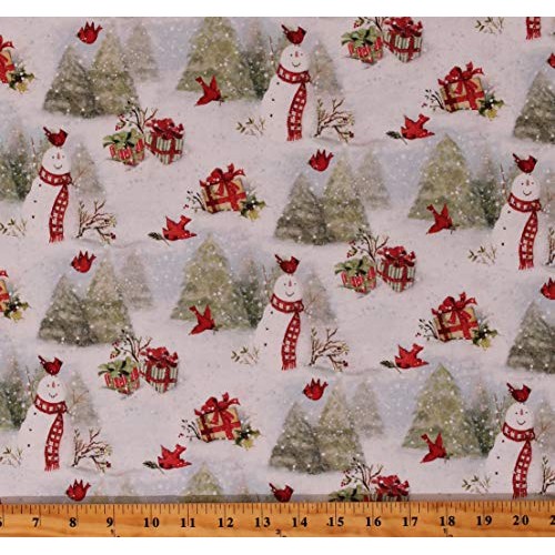 Cotton Snowy Cardinals Snowman Snowmen Birds Winter Pine Trees Hol...