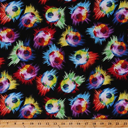 Cotton Soccer Balls on Black Allover Sports Neon Multi-Color Cotto...
