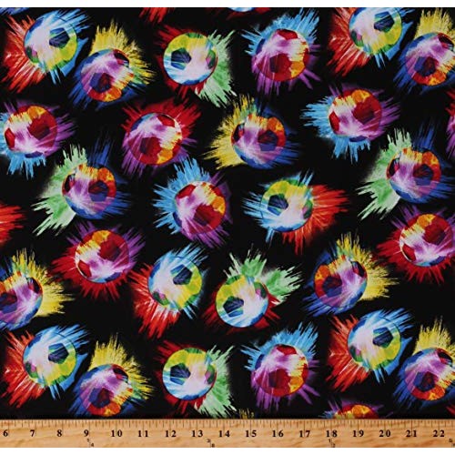 Cotton Soccer Balls on Black Allover Sports Neon Multi-Color Cotto...