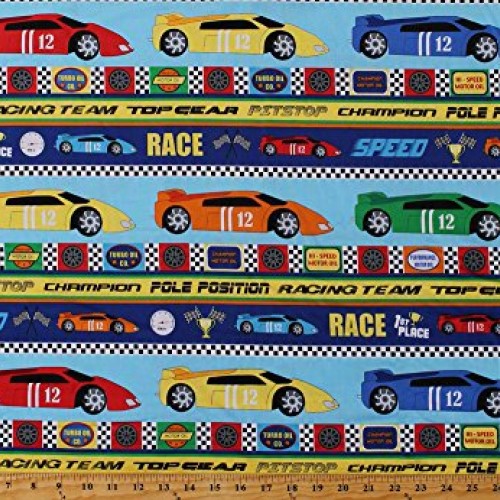 Cotton Speedway Race Cars Racing Stripes Sports Cotton Fabric Prin...