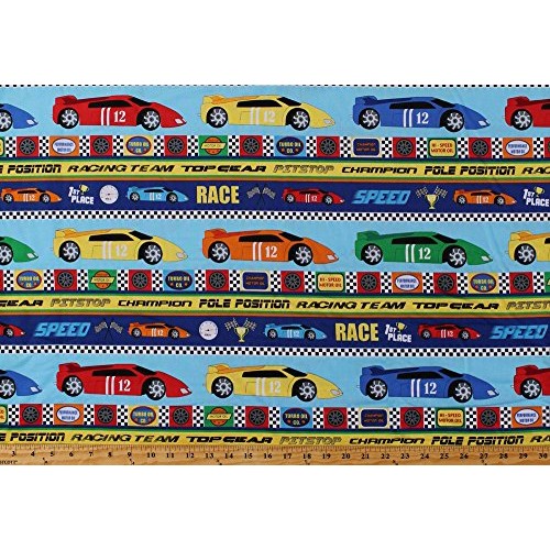 Cotton Speedway Race Cars Racing Stripes Sports Cotton Fabric Prin...