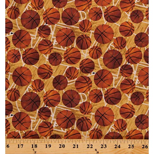 Cotton Sports Basketballs Balls Hoops Brown Cotton Fabric Print by...