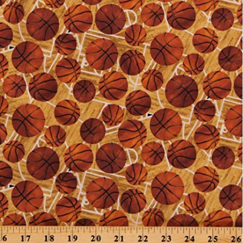 Cotton Sports Basketballs Balls Hoops Brown Cotton Fabric Print by...