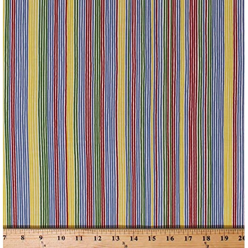 Cotton Striped Red Yellow Green Blue Primary Colors Stripes on Whi...