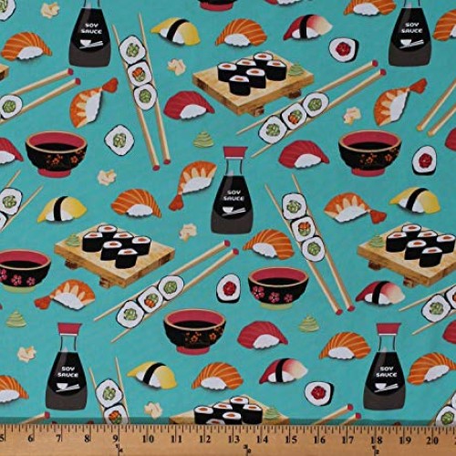 Cotton Sushi Seafood Chopsticks on Turquoise Japanese Cuisine Asia...