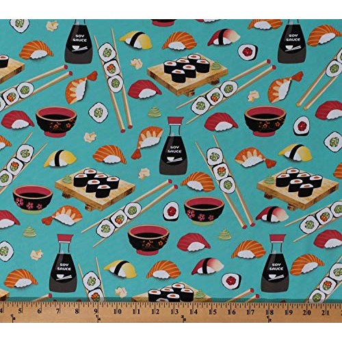 Cotton Sushi Seafood Chopsticks on Turquoise Japanese Cuisine Asia...