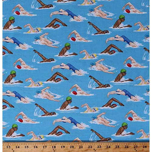 Cotton Swimmers Swimming People Water Sports Blue Cotton Fabric Pr...