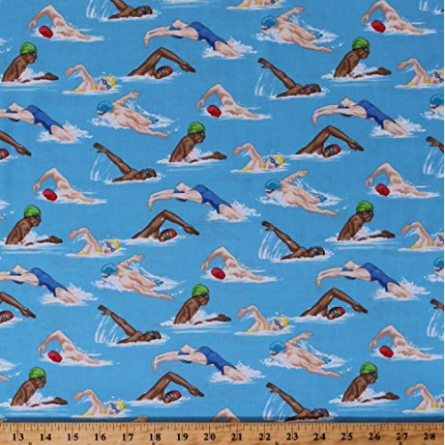Cotton Swimmers Swimming People Water Sports Blue Cotton Fabric Pr...