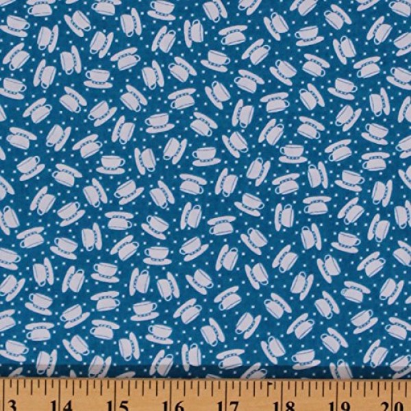 Cotton Tea Time Blue Cups Vintage Reproduction Cotton Fabric Print...