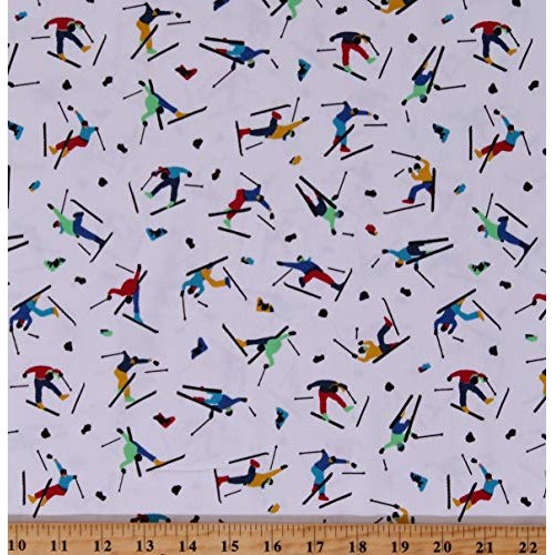 Cotton Twill Skiers People Skiing Winter Sports Multi-Color on Whi...