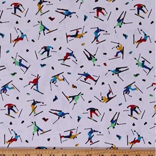 Cotton Twill Skiers People Skiing Winter Sports Multi-Color on Whi...